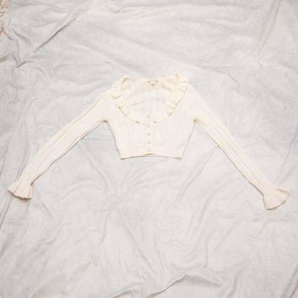 For Love & Lemons XS Camille Pointelle Knit Ruffle Crop Cardigan Top Sweater - Picture 7 of 16
